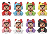 Monchhichi Rokimoto Cup of Fun Lucky Cat Series Blind Box lineup featuring all eight collectible Lucky Cat figures with rarity ratios.