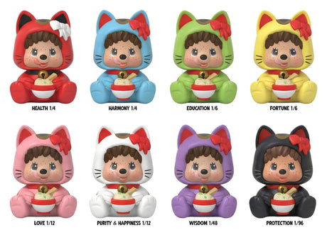Monchhichi Rokimoto Cup of Fun Lucky Cat Series Blind Box lineup featuring all eight collectible Lucky Cat figures with rarity ratios.