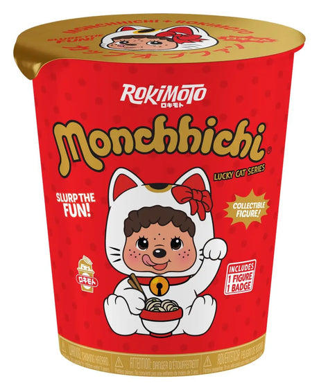 Monchhichi Rokimoto Cup of Fun Lucky Cat Series Blind Box packaging designed as a red instant noodle cup featuring Lucky Cat artwork and collectible branding.