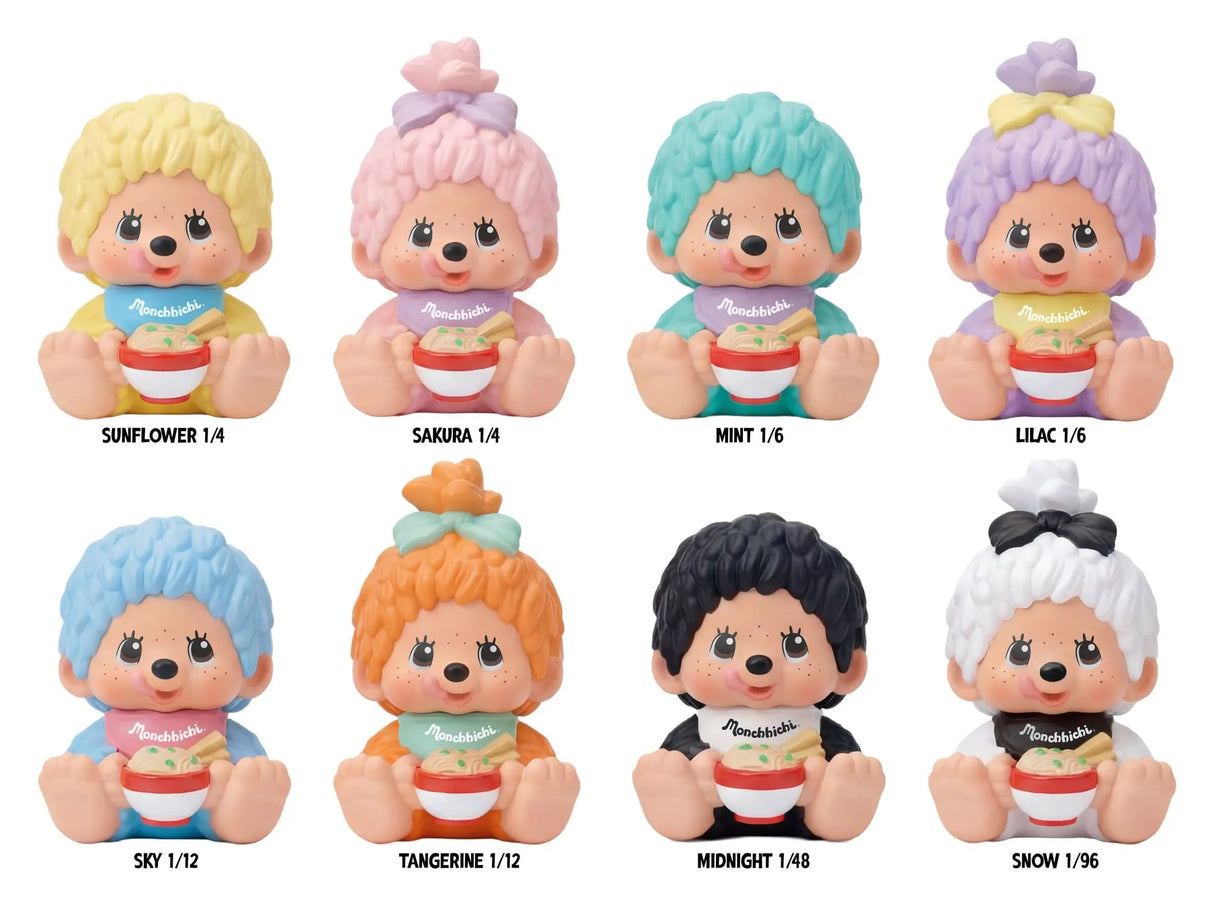 Monchhichi Rokimoto Cup of Fun Sakura Series Blind Box collectible lineup showing all eight pastel-colored Monchhichi figures with rarity ratios.