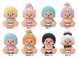 Monchhichi Rokimoto Cup of Fun Sakura Series Blind Box collectible lineup showing all eight pastel-colored Monchhichi figures with rarity ratios.
