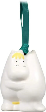 Moomin Hug Hanging Ornament featuring white Moomintroll figure with green hanging ribbon.