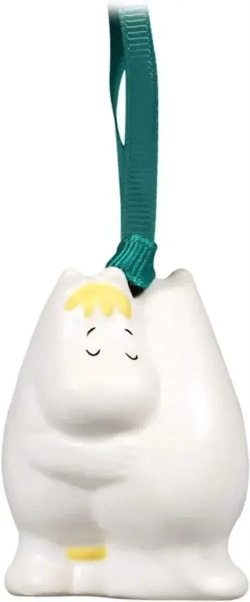 Moomin Hug Hanging Ornament featuring white Moomintroll figure with green hanging ribbon.