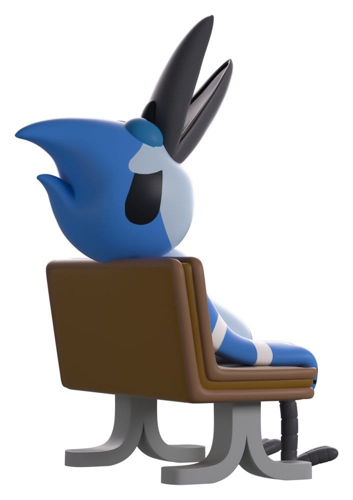 Side view of Mordecai Youtooz vinyl figure sitting on bench