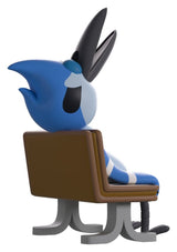 Side view of Mordecai Youtooz vinyl figure sitting on bench