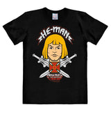 Black Masters of the Universe He-Man Face T-Shirt with large He-Man portrait and swords design on the chest