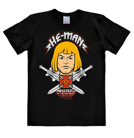 Black Masters of the Universe He-Man Face T-Shirt with large He-Man portrait and swords design on the chest