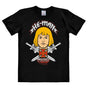 Black Masters of the Universe He-Man Face T-Shirt with large He-Man portrait and swords design on the chest