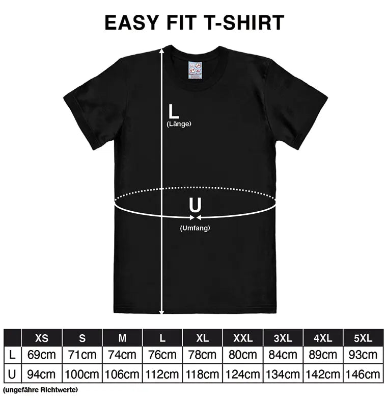 Size chart for Masters of the Universe He-Man T-shirt showing length and chest measurements from XS to 5XL