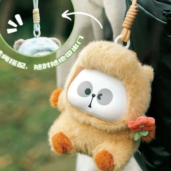Mr.PA bear plush attached to a backpack as a keychain.