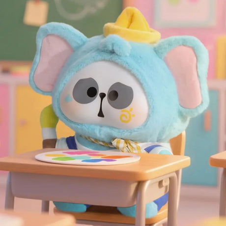 Blue elephant-themed MR.PA plush character sitting at a classroom desk from the Animal's After-School Diaries series