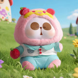 Pink strawberry bunny MR.PA plush character holding an apple in a colorful outdoor setting