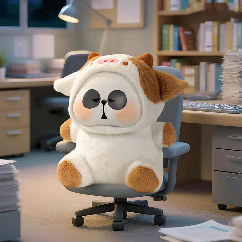 MR.PA cow-themed plush character relaxing in an office chair from the Cute Beast Company series
