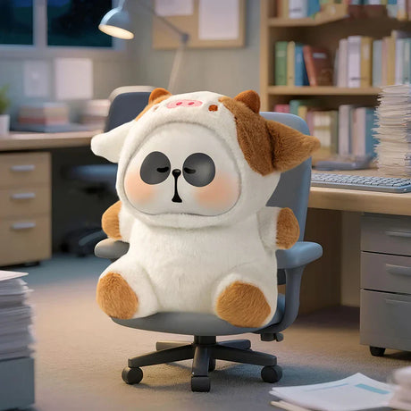 MR.PA cow-themed plush character relaxing in an office chair from the Cute Beast Company series