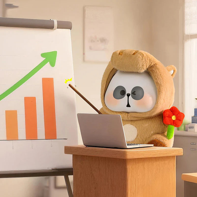 Bear-themed MR.PA plush character presenting a rising graph during a business meeting