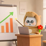 Bear-themed MR.PA plush character presenting a rising graph during a business meeting