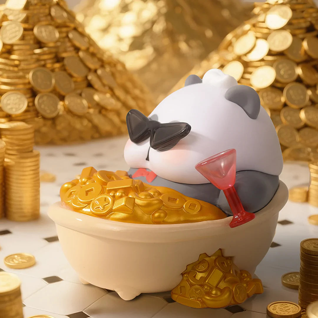 Mr. PA wealthy panda figure lounging in a bathtub overflowing with gold coins