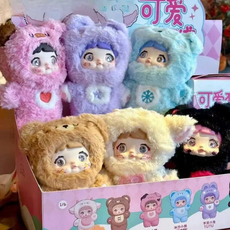 Strawberry Piggy Juju, Taro Bunny Tutu, and Smoothie Bear Binbin plush keychains displayed in a blind box set.