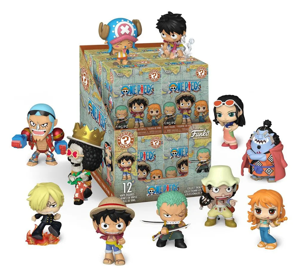 One Piece Mystery Minis Funko display box containing 12 blind boxes surrounded by collectible character figures