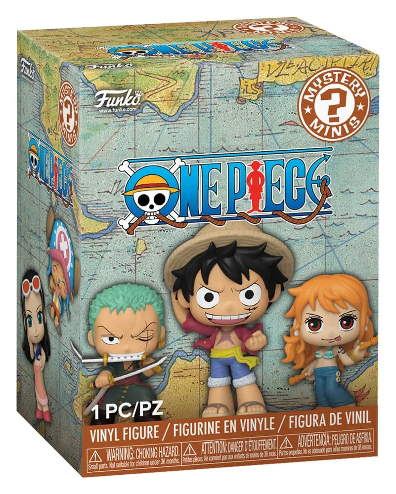 Funko One Piece Mystery Minis individual blind box packaging featuring Luffy, Zoro and Nami