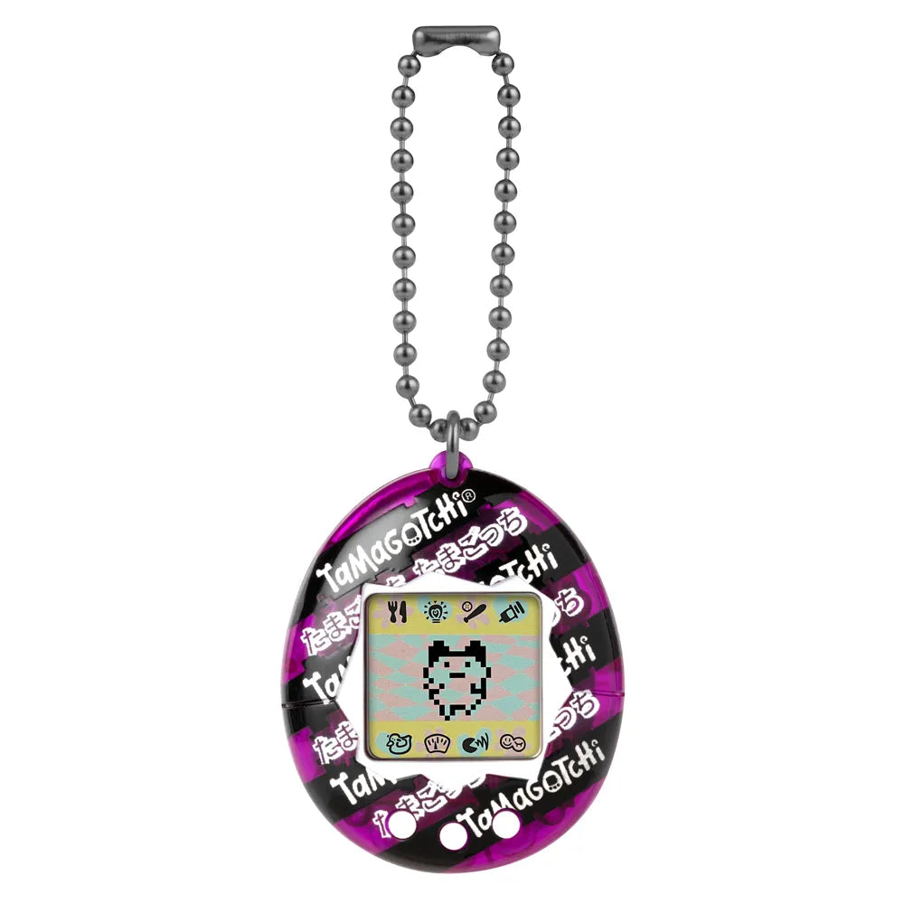 Japanese Ribbon Tamagotchi with chain, black and pink shell design.