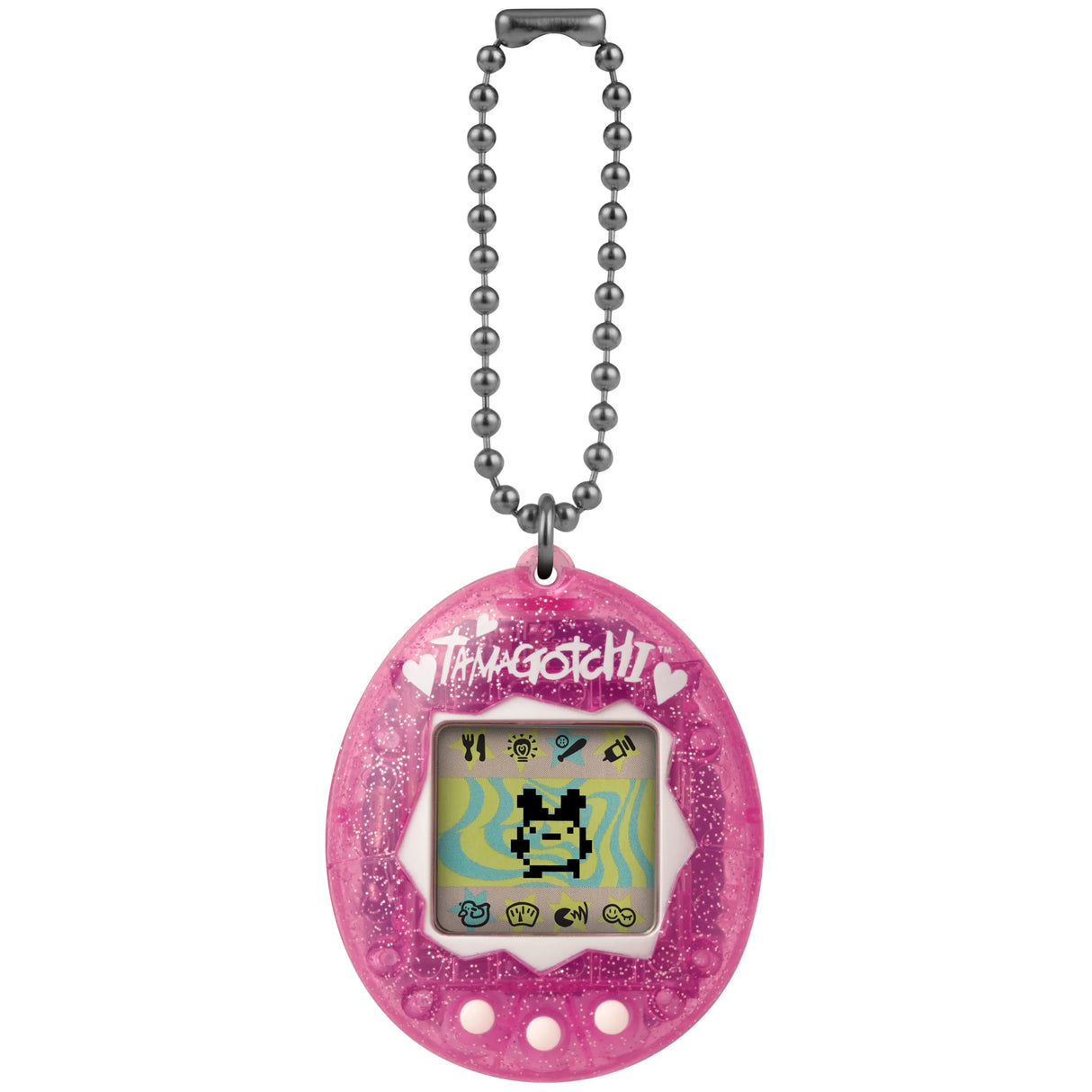 Tamagotchi Pink Glitter with chain, sparkly pink translucent shell.
