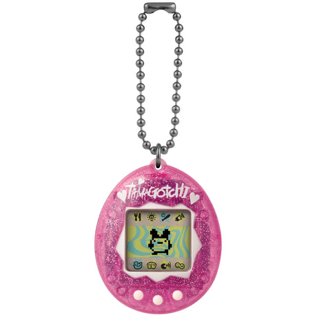 Tamagotchi Pink Glitter with chain, sparkly pink translucent shell.