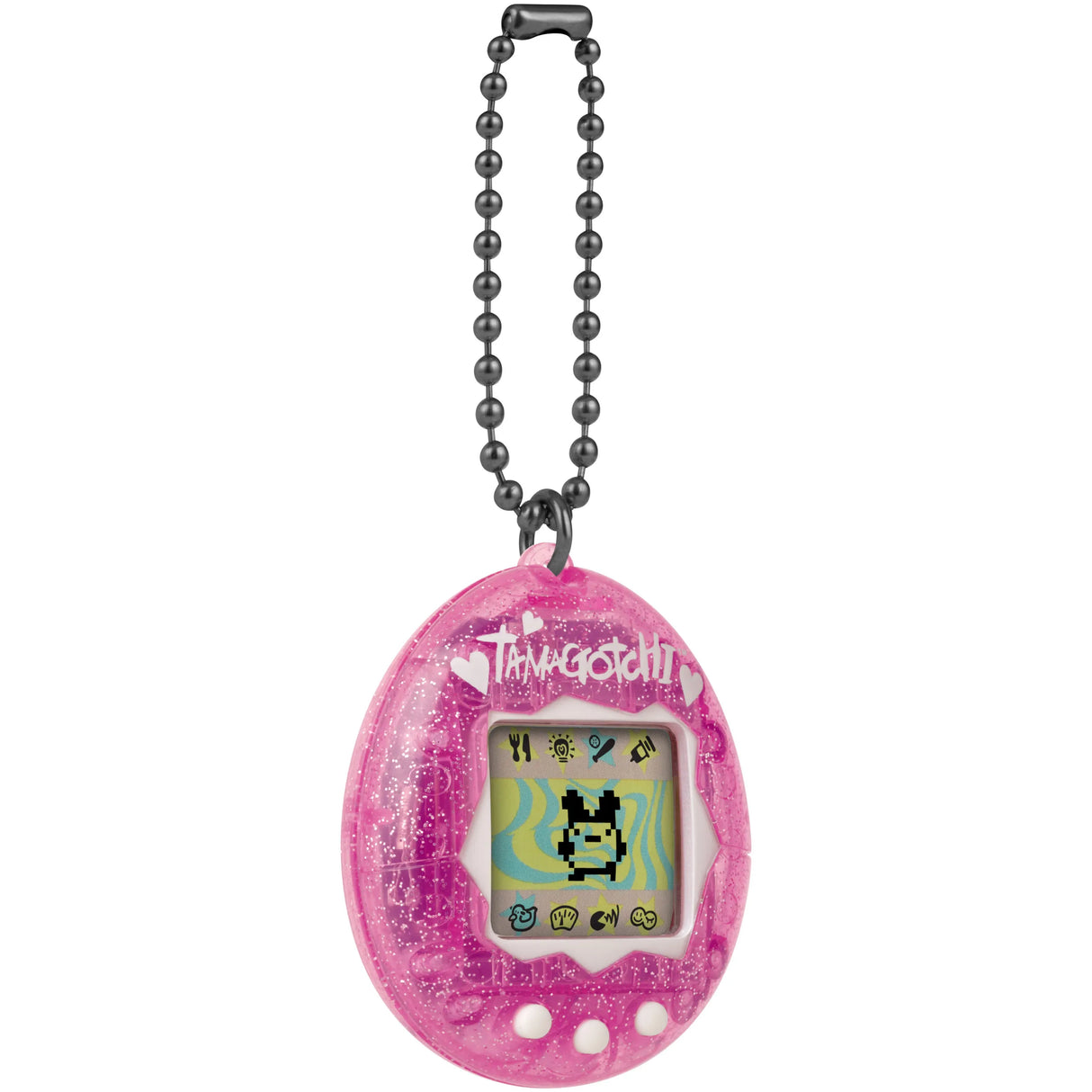 Tamagotchi Pink Glitter edition close-up with white heart logo details.