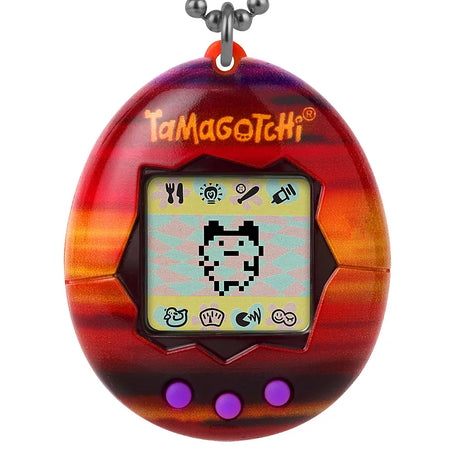 Close-up of Tamagotchi Sunset showing digital pet character on screen.