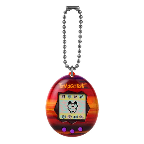 Tamagotchi Sunset edition with chain, gradient orange-red-purple design.