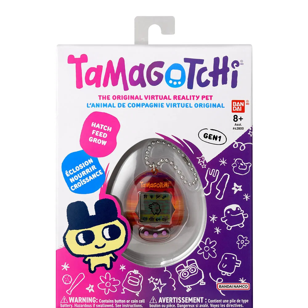 Front packaging of Original Tamagotchi Sunset edition, Gen 1 virtual pet.
