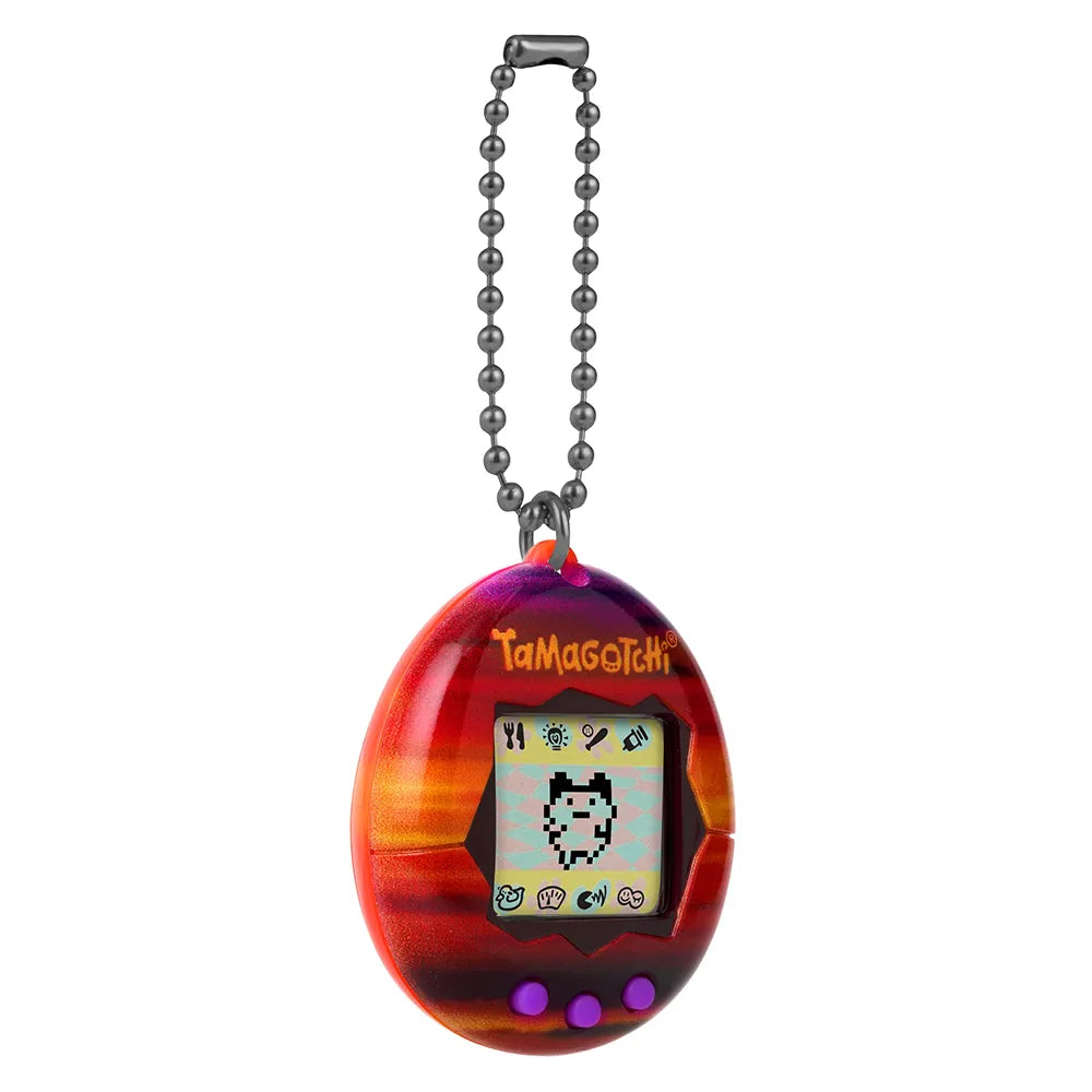 Tamagotchi Sunset edition with keychain, updated logo, retro gradient shell.