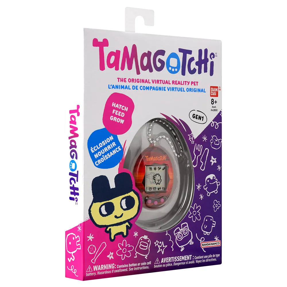 Side angled view of Tamagotchi Sunset packaging with updated logo.