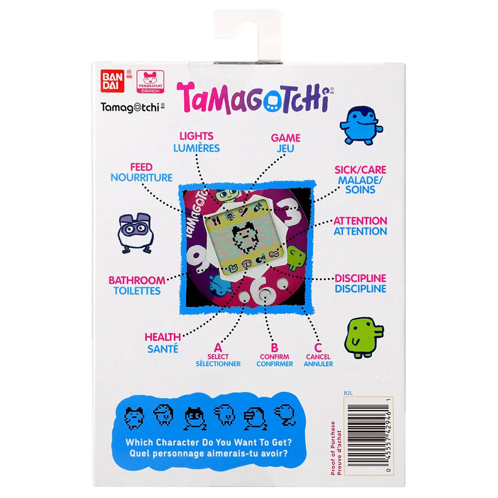 Back of packaging showing Tamagotchi Sunset features and characters.