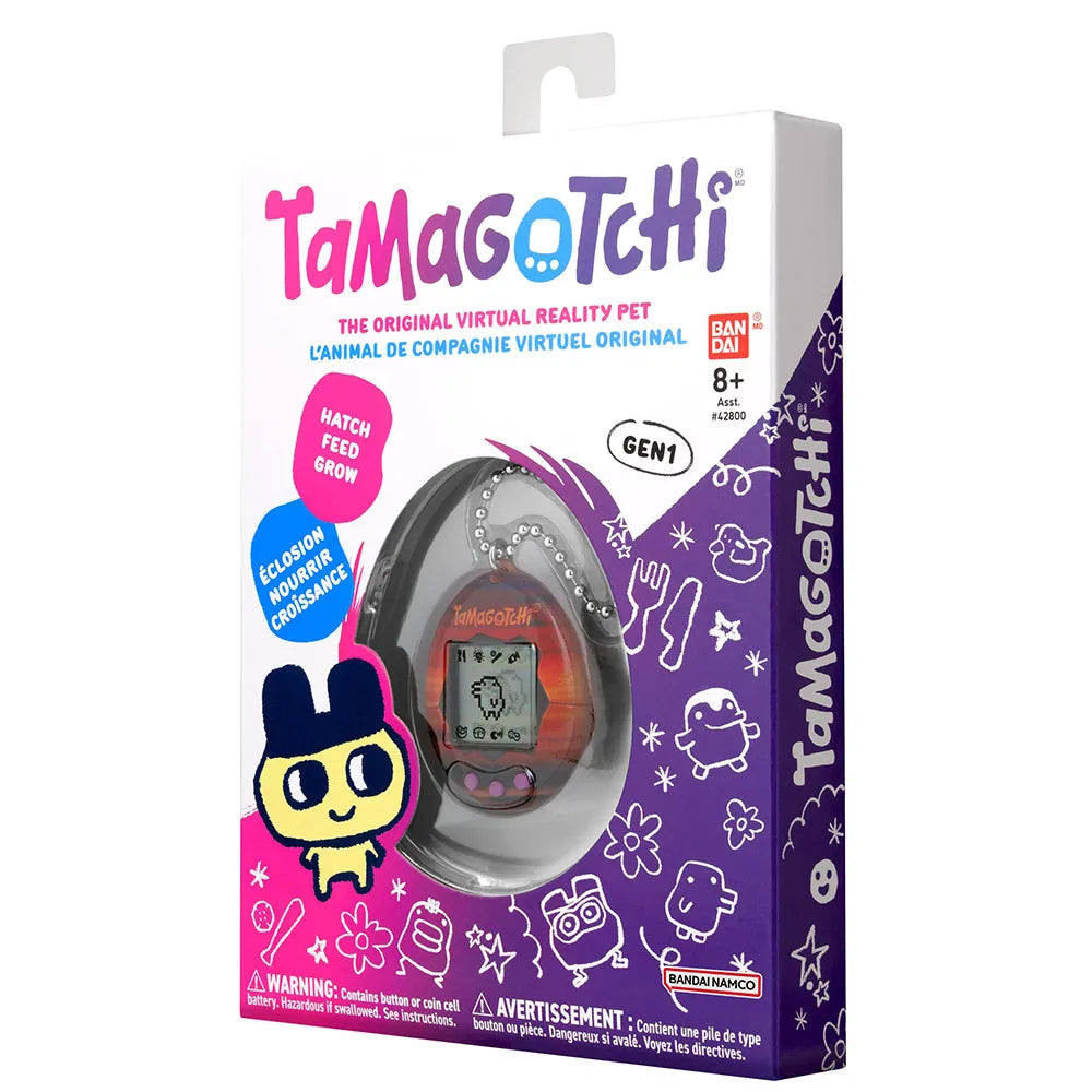 Original Tamagotchi Sunset retail packaging angled product shot.