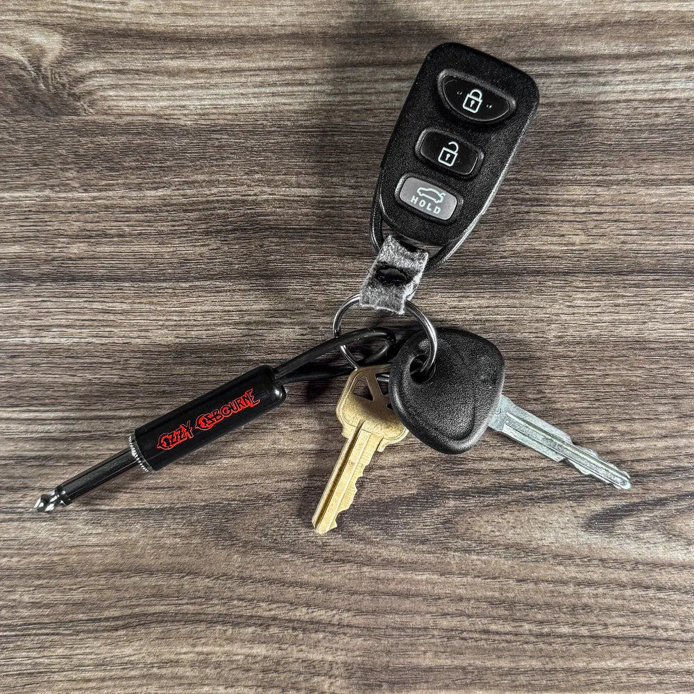 Ozzy Osbourne plug keychain with keys on wooden surface