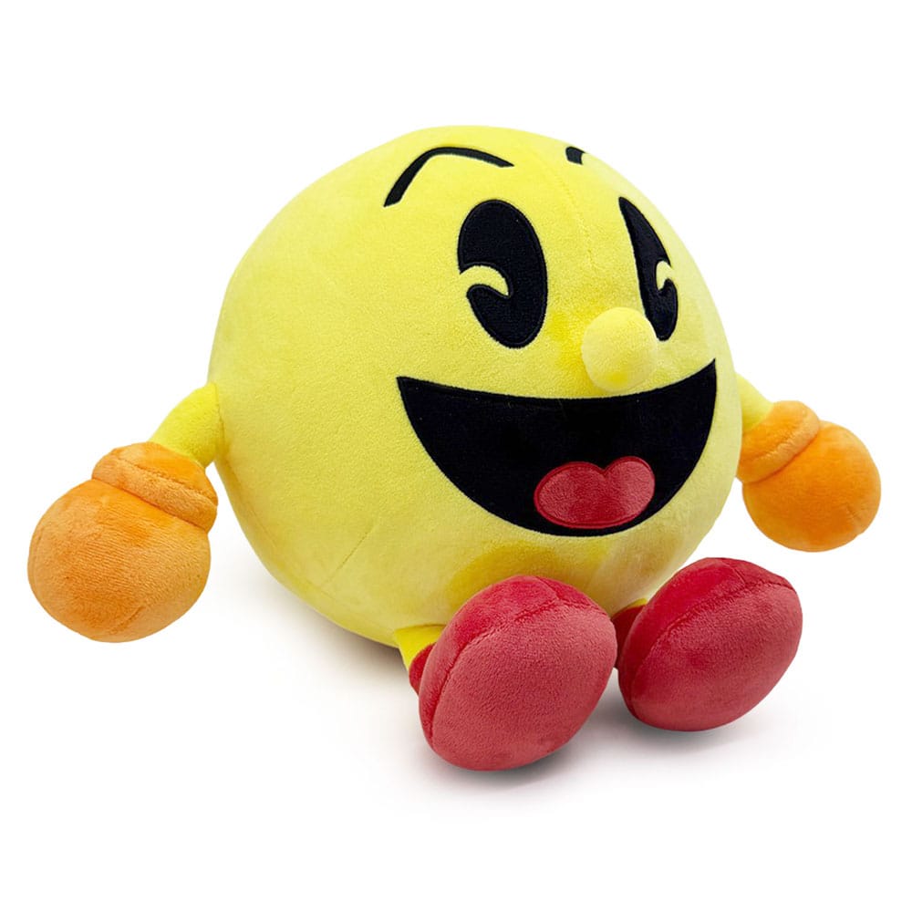 Pac-Man Youtooz plush figure angled side view with orange gloves and red feet