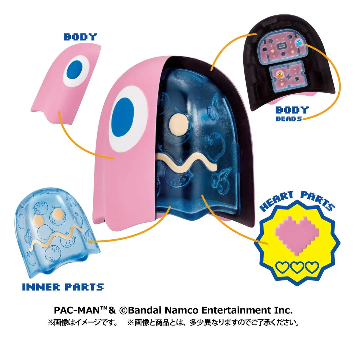 Pac-Man Inside Fantasy Series Pinky exploded view with removable shell and internal parts.