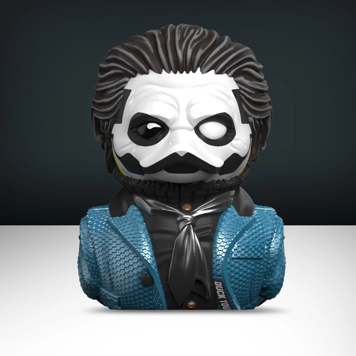 Papa Emeritus IV TUBBZ duck collectible front view with detailed mask and blue jacket.