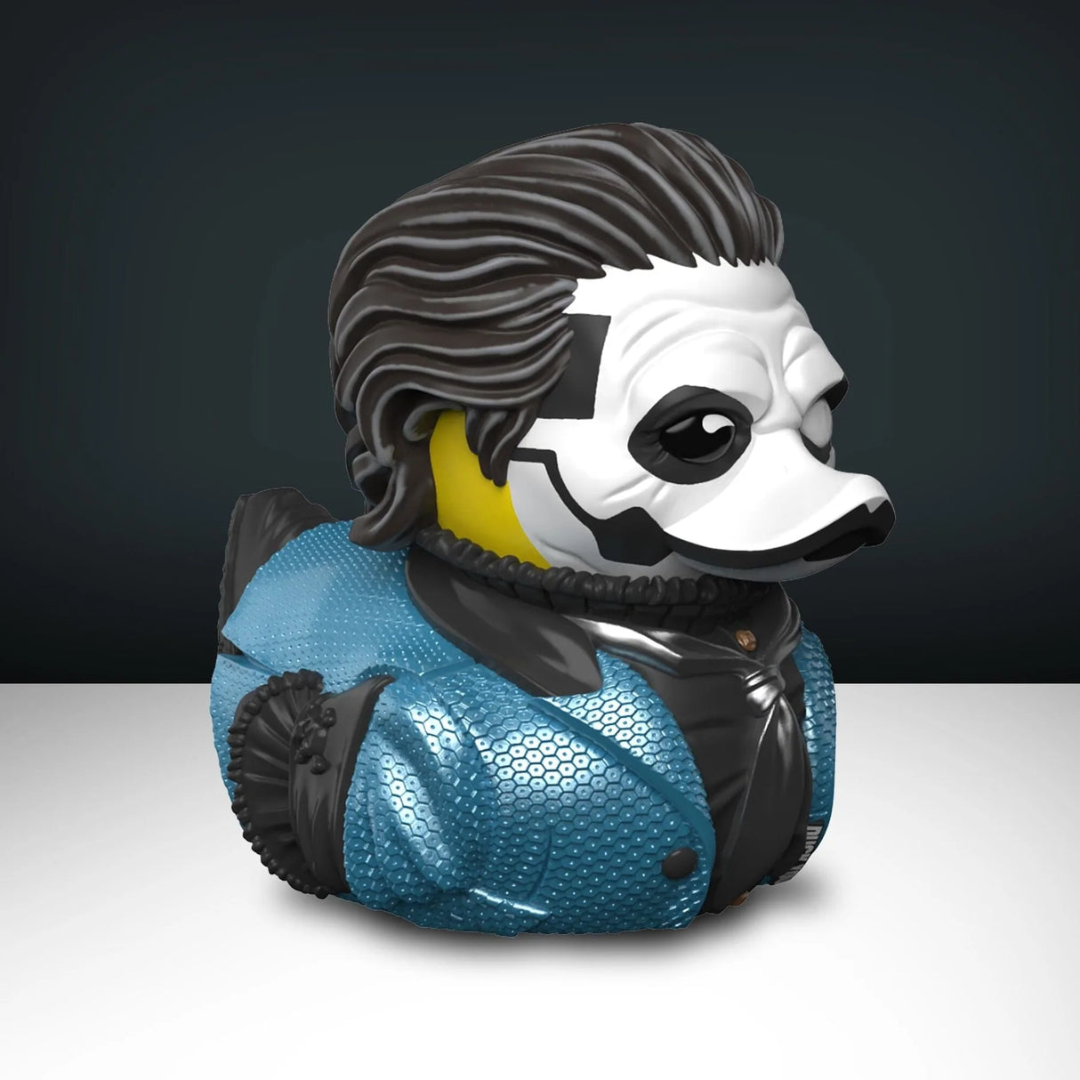 Three-quarter view of Papa Emeritus IV TUBBZ duck in blue sequin-style jacket.