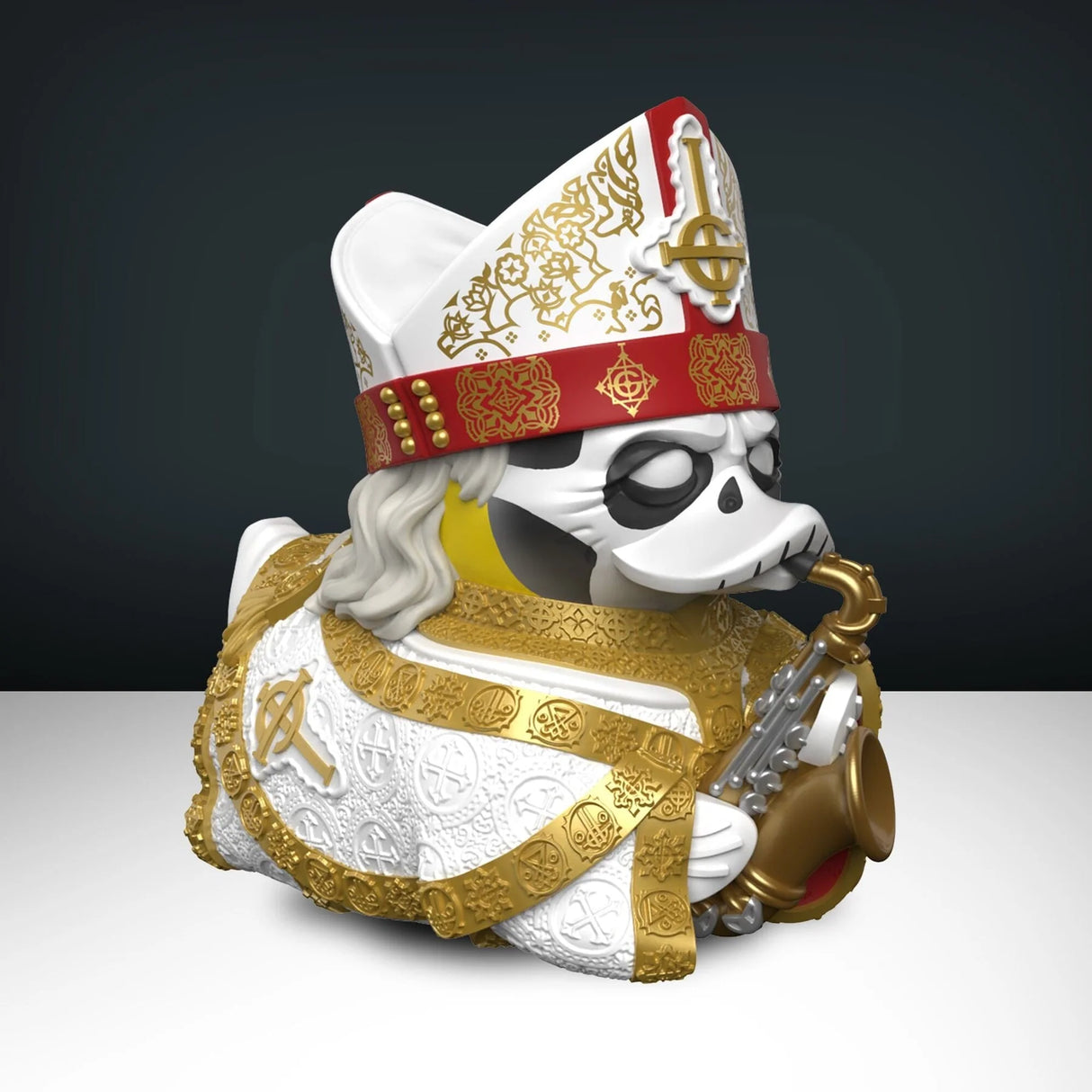 Papa Nihil TUBBZ figure angled view displaying gold trim and removable sunglasses.