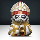 Papa Nihil TUBBZ duck figure front view playing saxophone with ornate gold and white robes.