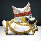 Back and side profile of Papa Nihil TUBBZ duck collectible with gold detailing.