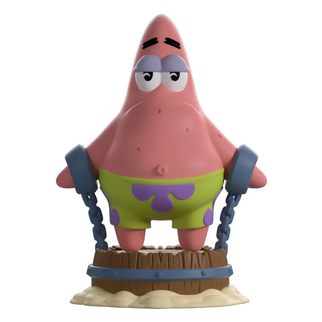Patrick Star “Patrick in Chains” Youtooz vinyl figure standing on wooden stump with wrist shackles and chains.