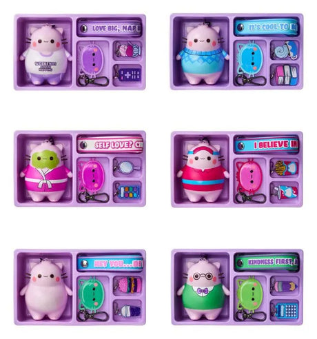 Pembe Bento Box Keyrings Blind Box collection showing six different Pembe the Pink Cat keychain designs and accessories