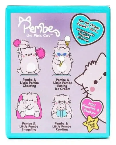 Pembe Mini Figure Blind Box collection showing the available Pembe the Pink Cat mini figure designs and matching stickers