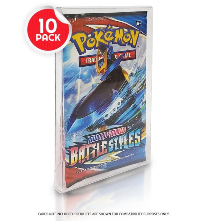 Pokémon Battle Styles booster pack inside a clear PET protector (10-pack label shown)
