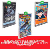 Close-up lineup of Magic, hockey, and Pokémon booster packs inside PET protectors