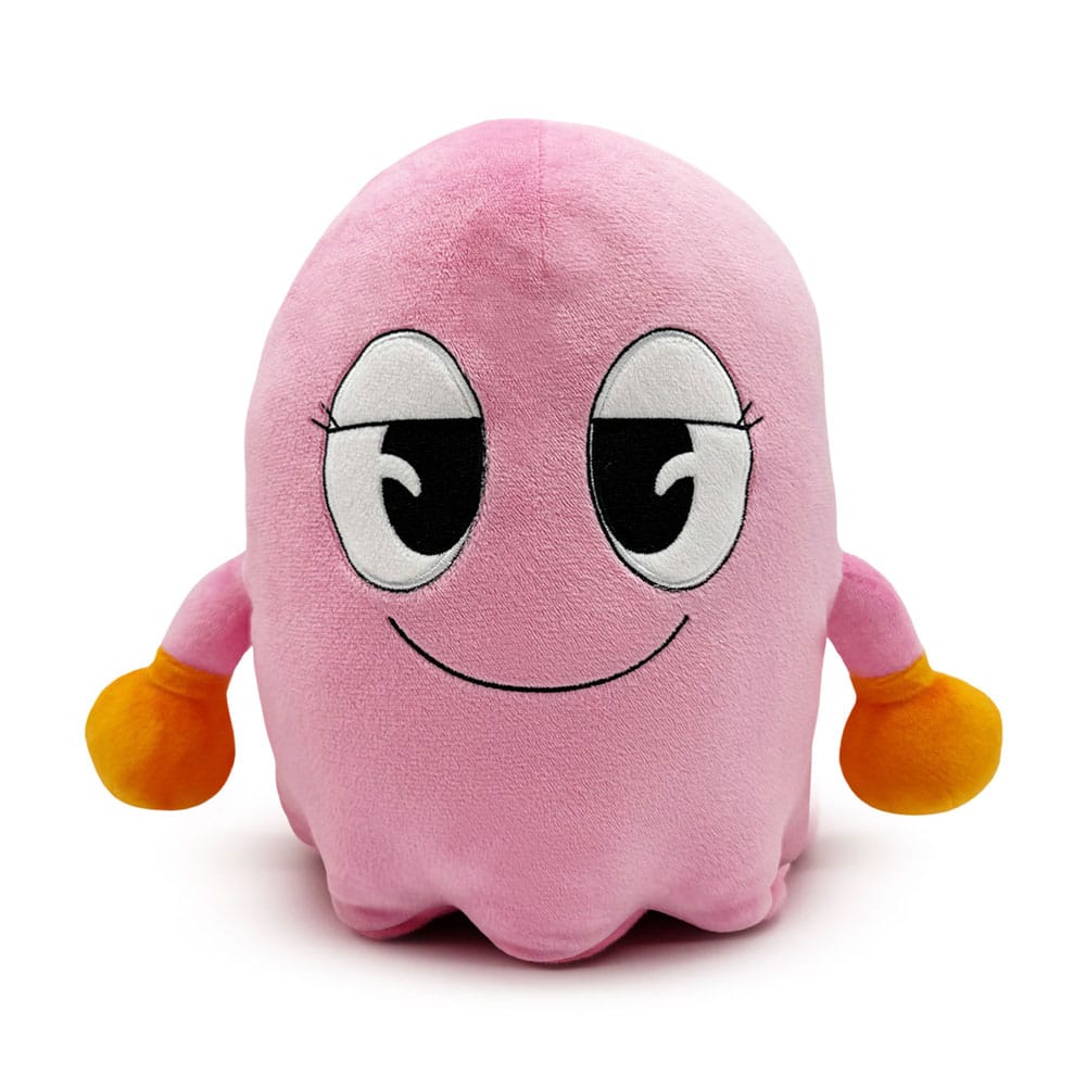 Pinky Ghost Pac-Man plush figure by Youtooz front view with half-lidded eyes and orange gloves
