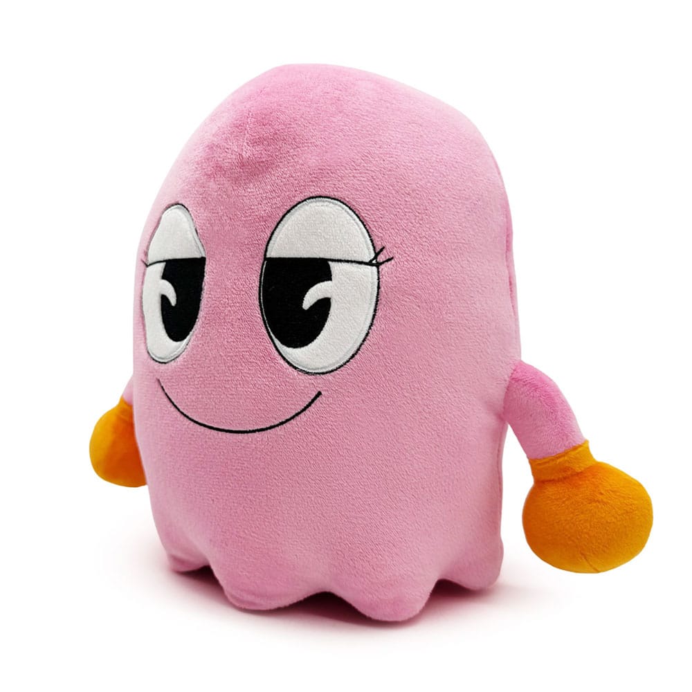 Pinky Ghost Pac-Man plush figure angled side view showing soft pink minky fabric